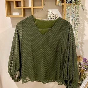 Crew Neck Fashion, Elegant Pom Pom Sheer Lantern Sleeve, Arm Green Blouse